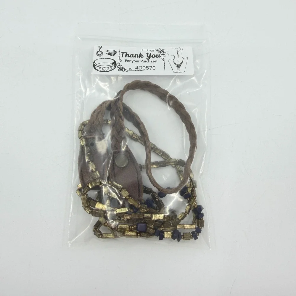 Bronze Tone Blue Chip Bead Double Strand Leather Cord Boho Statement Necklace